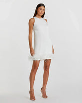 Feathered Hem High Neck Sleeveless A Line Dress